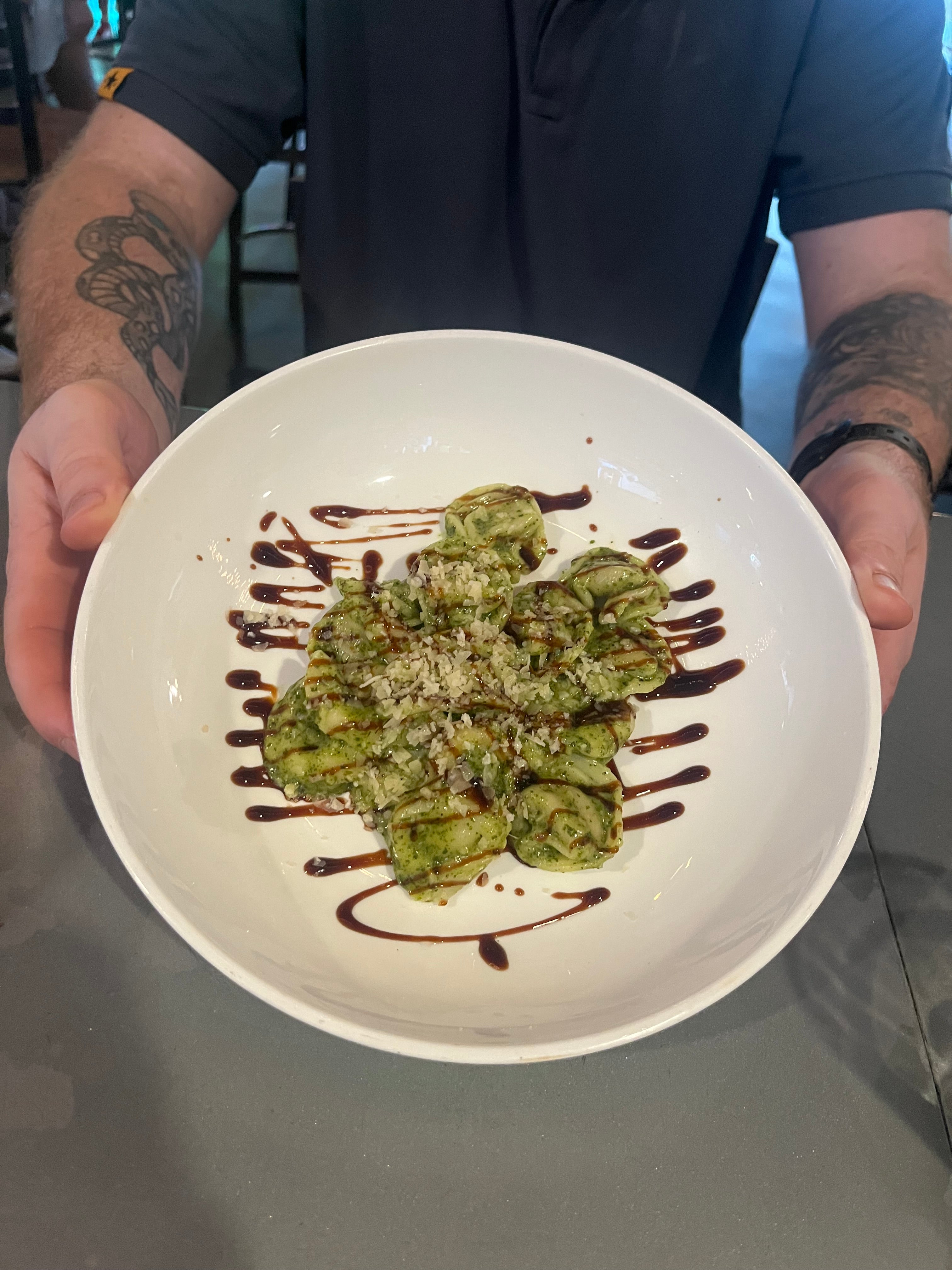 Basil pesto Tortellini w/ balsamic reduction