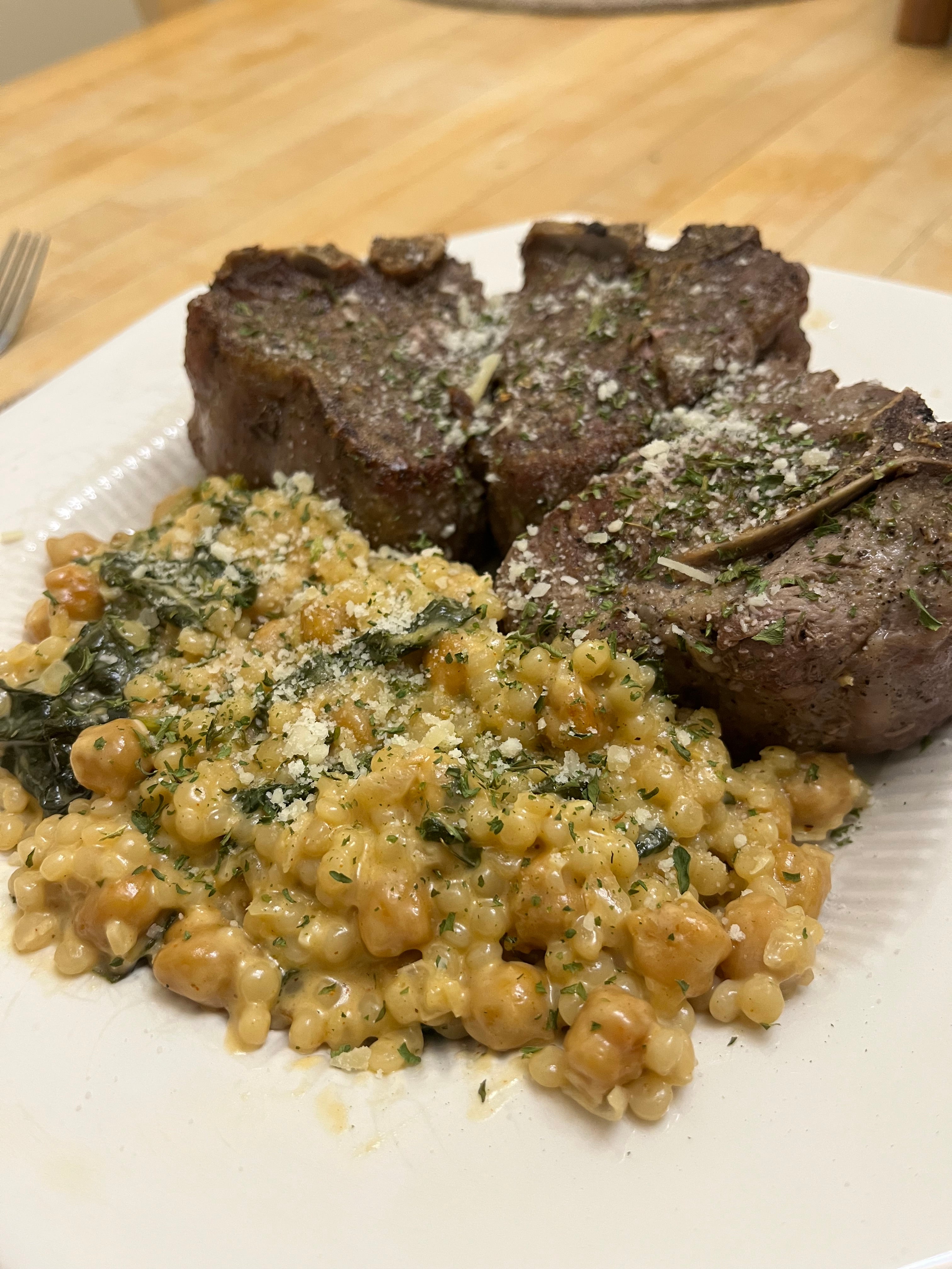 Lamb Chop w/ Creamy Spinach and Chickpea Pearl couscous