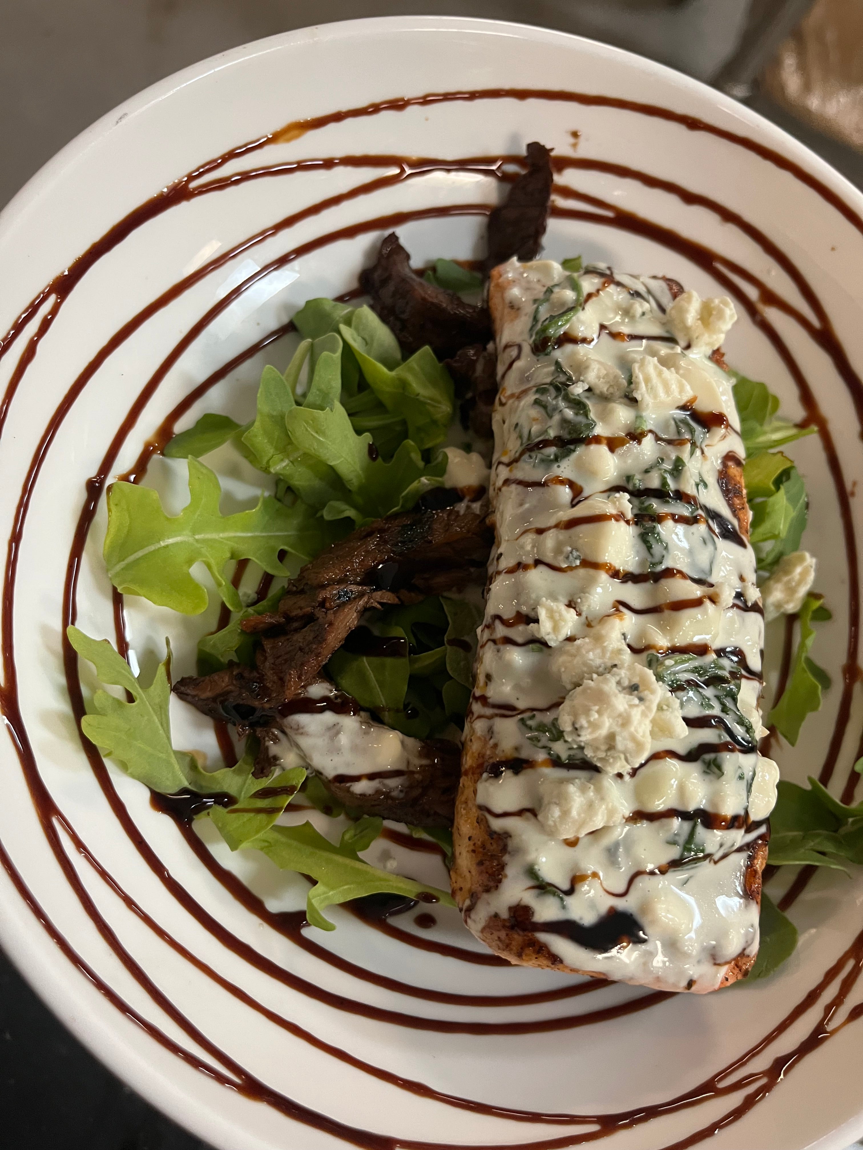 Steak & Salmon Surf n turf w/ Creamy Gorgonzola sauce and balsamic Reduction