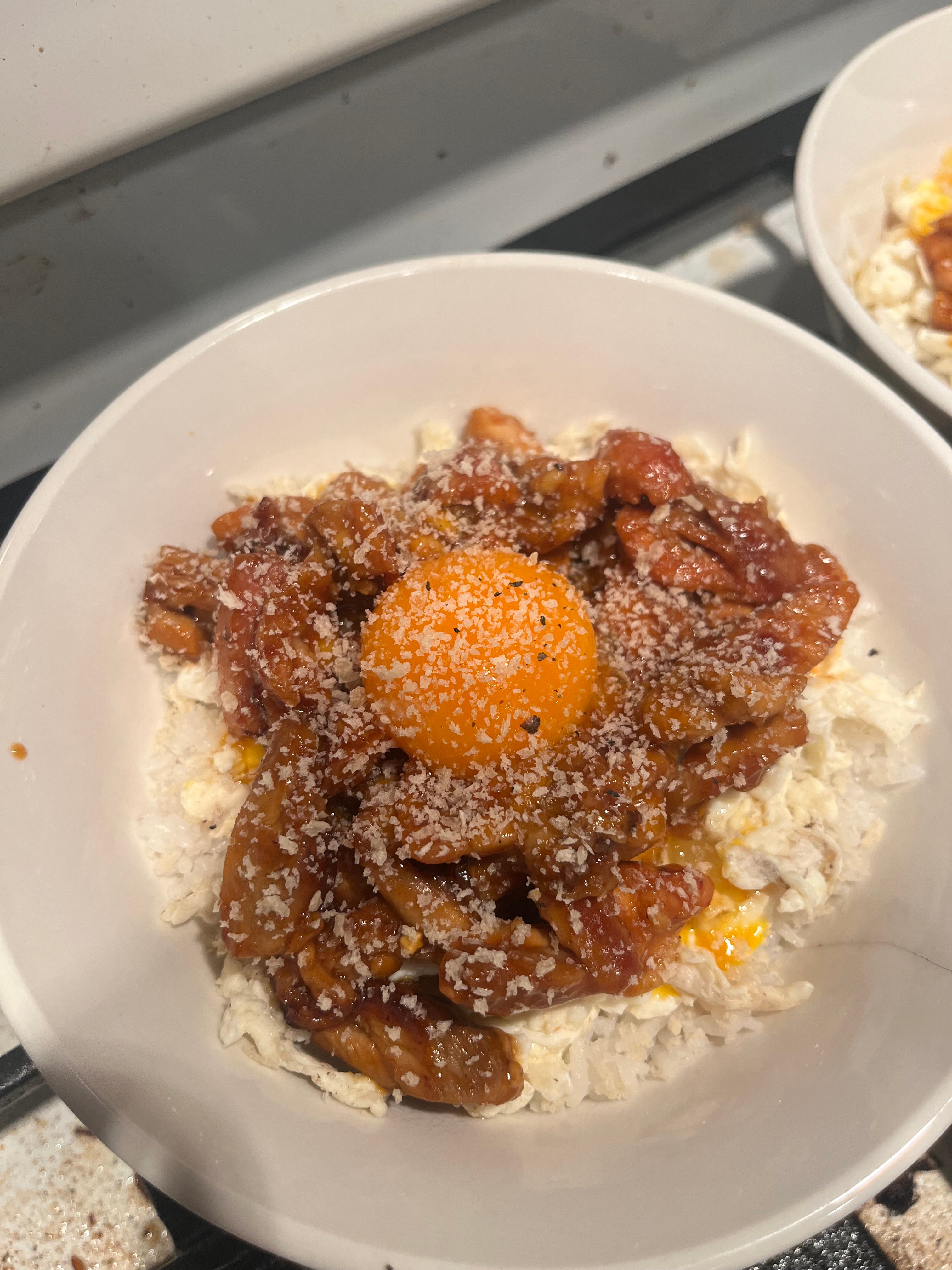 Glazed Chicken Donburi w/ raw egg yolk
