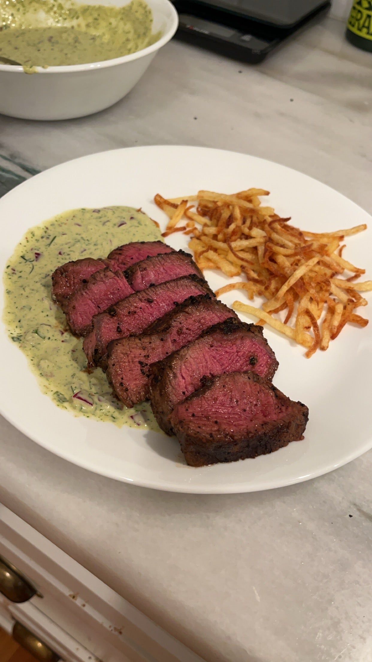 Steak Frites w/ spicy dill sauce