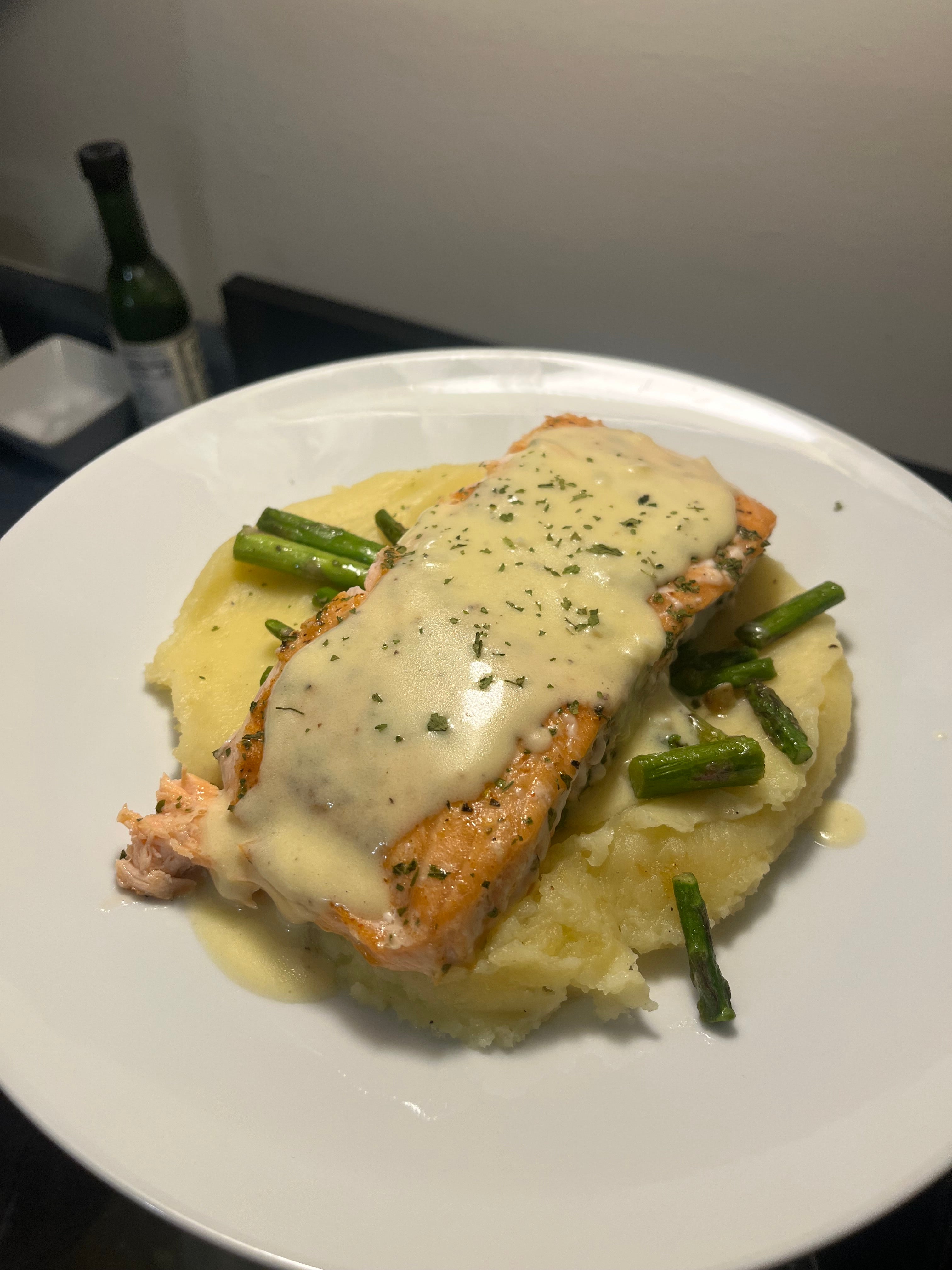 Smothered Salmon w/ mash and asparagus