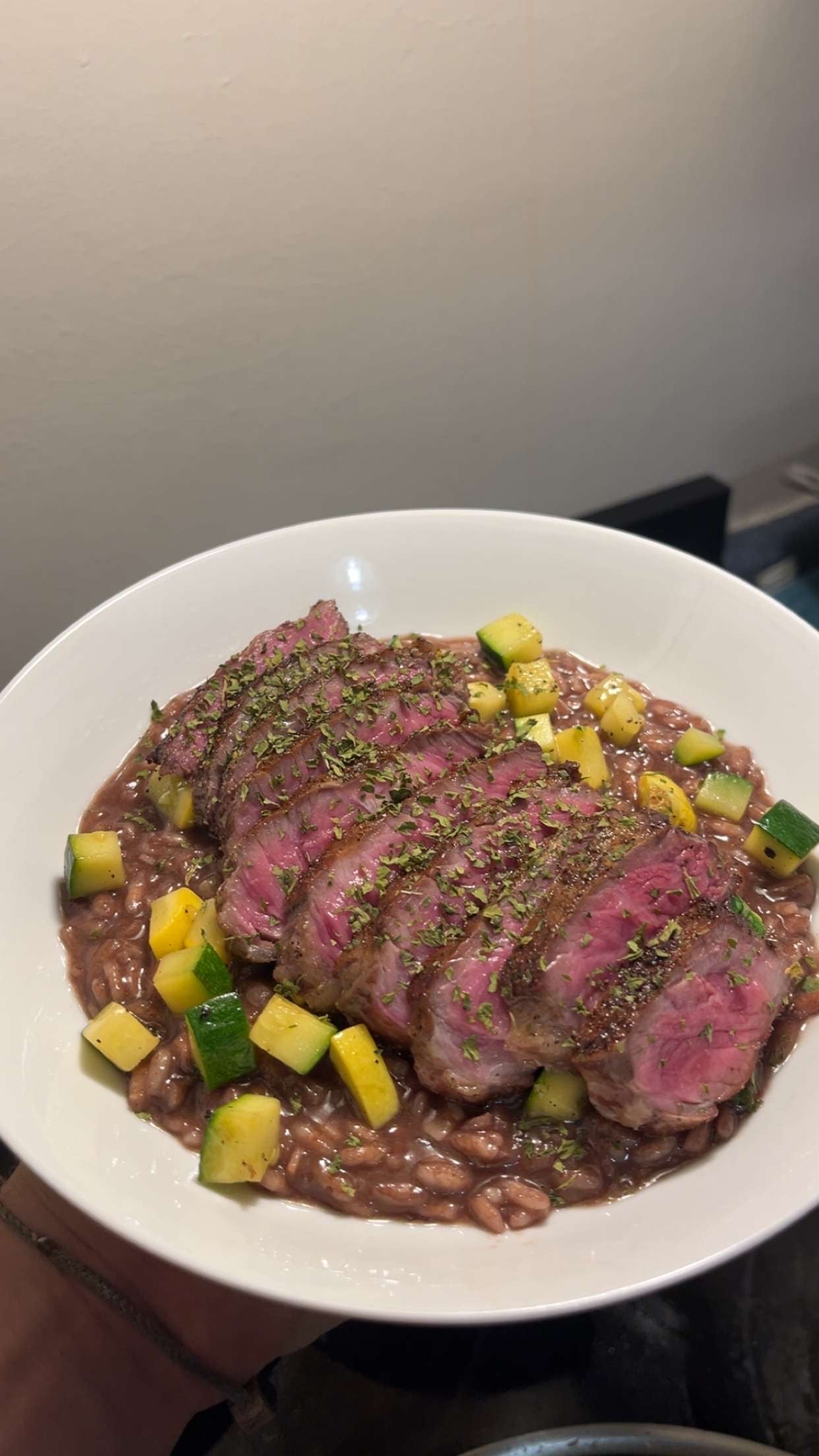 Filet mignot over red wine risotto
